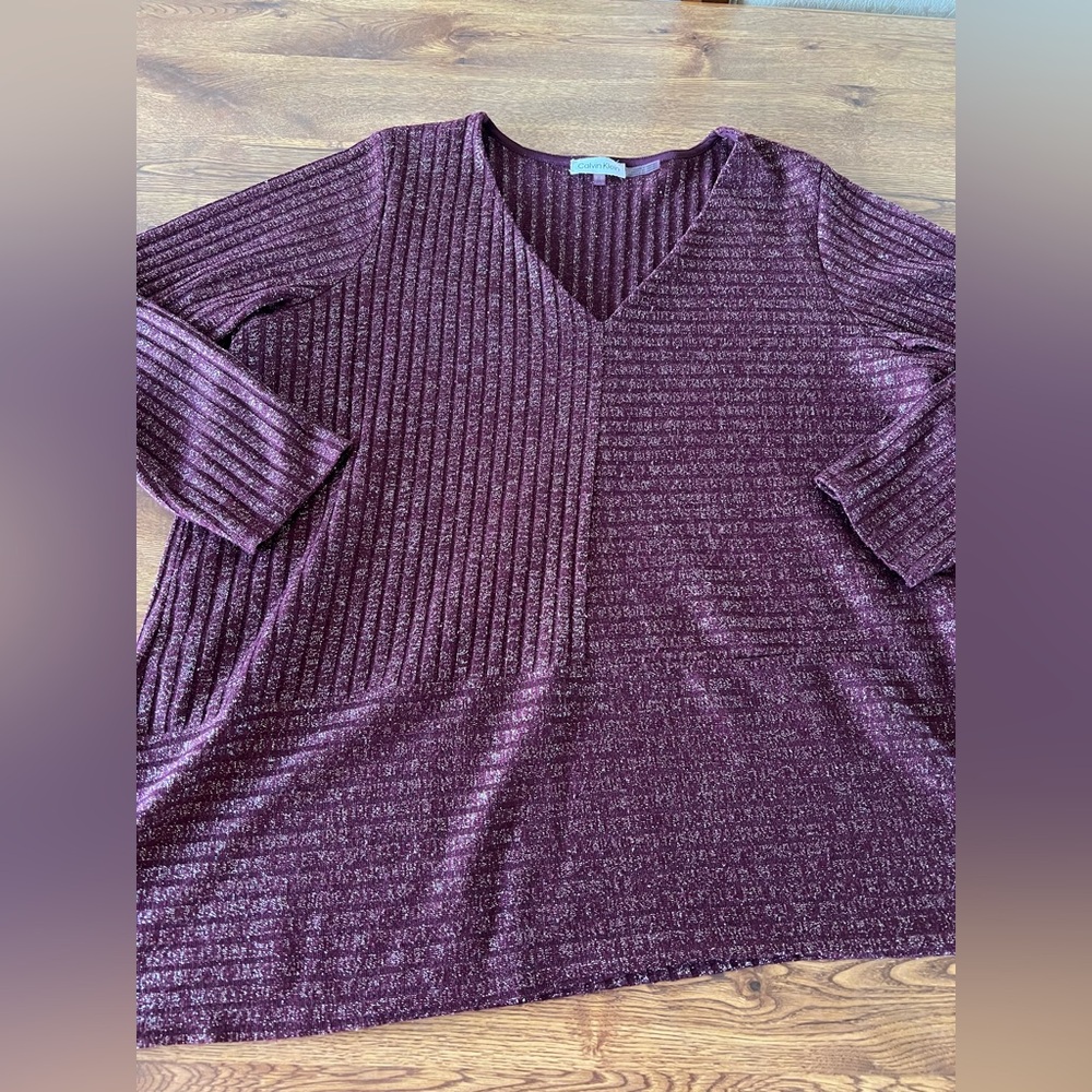 Womens Plus Size Calvin Klein Purple Metallic Ribbed V-Neck Tunic Top